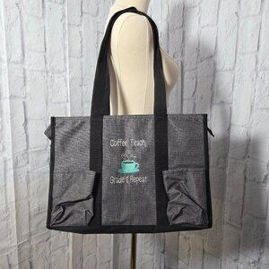 Thirty-One Gray Coffee Teach Grade & Repeat Zippered Utility Tote with Pockets